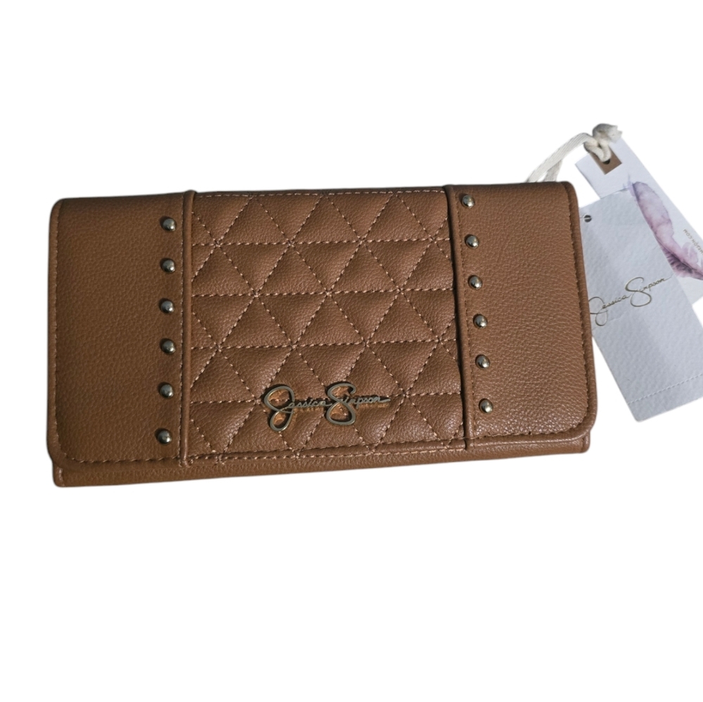Jessica Simpson Lily Studded Quilted Brown Vegan Leather Wallet NWT
